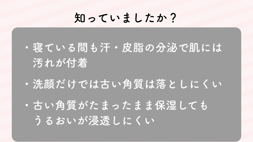 知っていましたか？・寝ている間も汗・皮脂の分泌で肌には汚れが付着・洗顔だけでは古い角質は落としにくい・古い角質がたまったまま保湿してもうるおいが浸透しにくい