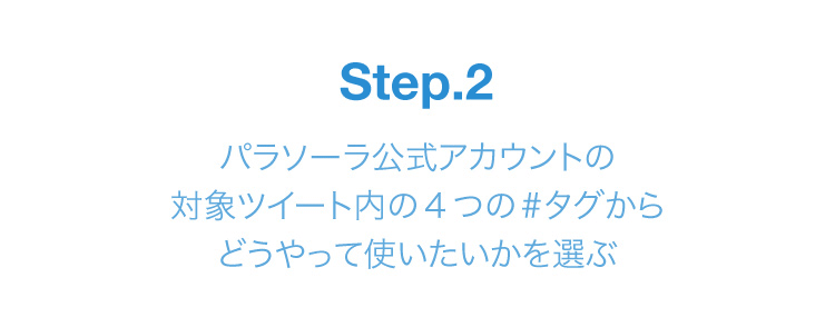 STEP2　パラソーラ公式アカウントの対象ツイートの4つの#タグからどうやって使いたいかを選ぶ
